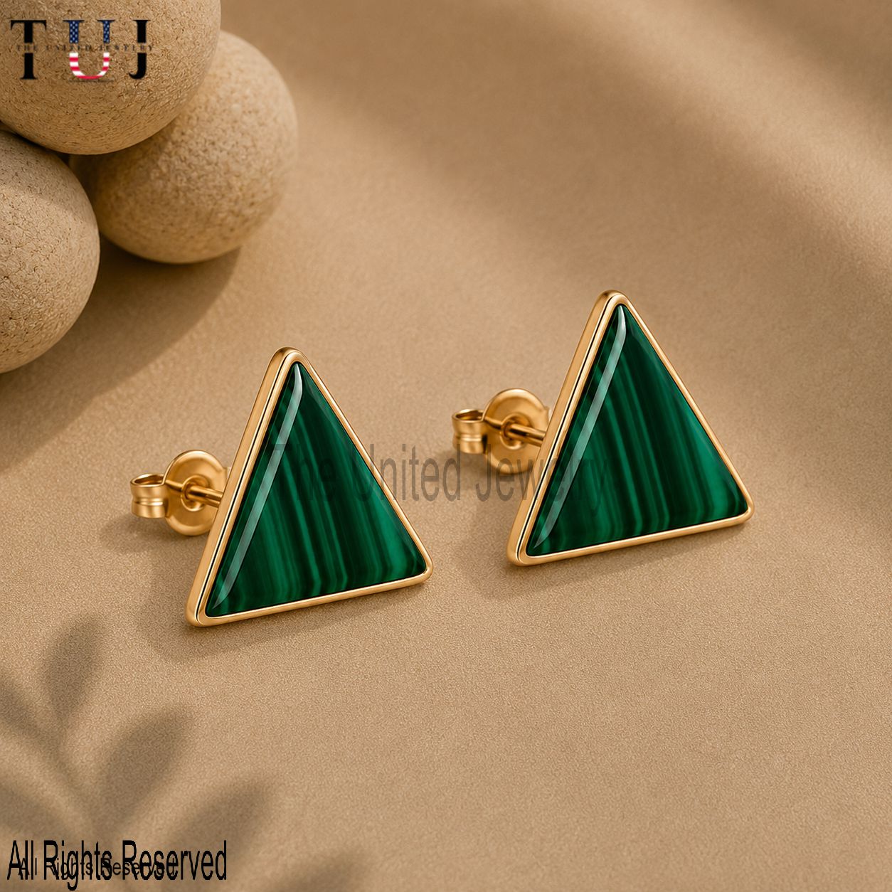 Solid 925 Sterling Silver Malachite Triangle Stud Earrings, Rose Gold Finish Geometric Gemstone