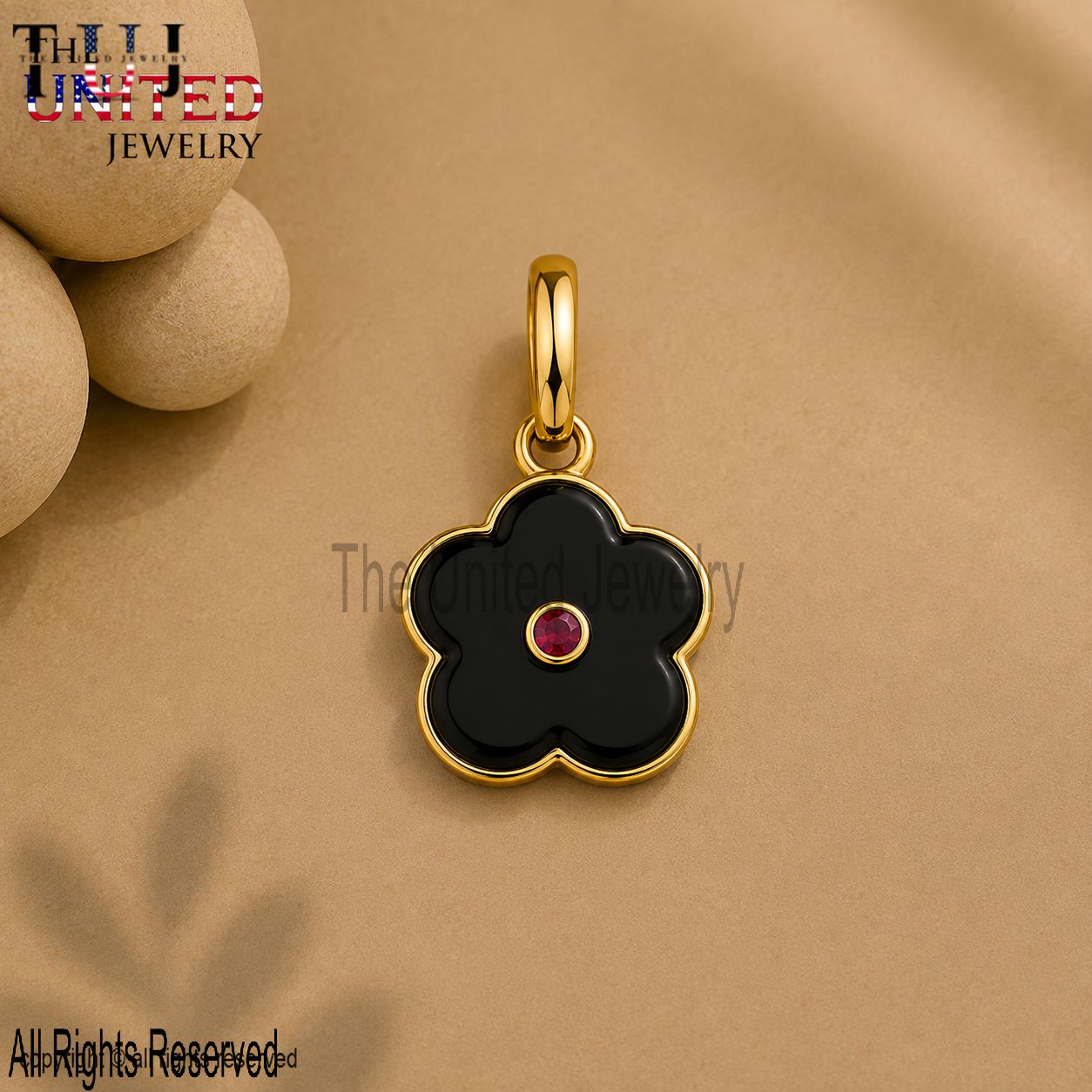 Black Onyx Flower Pendant, Ruby Center, Sterling Silver Charm, Handmade Floral Jewelry