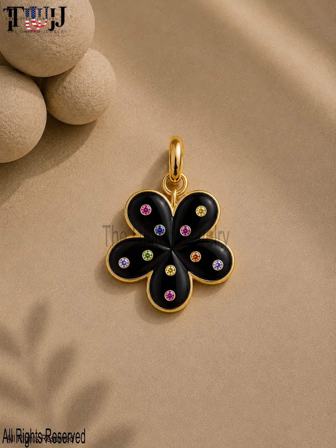 925 Sterling Silver Black Onyx Clover Pendant, Multi Gemstone Lucky Charm