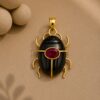 Sterling Silver Black Onyx Scarab Pendant with Ruby, Egyptian Inspired Charm