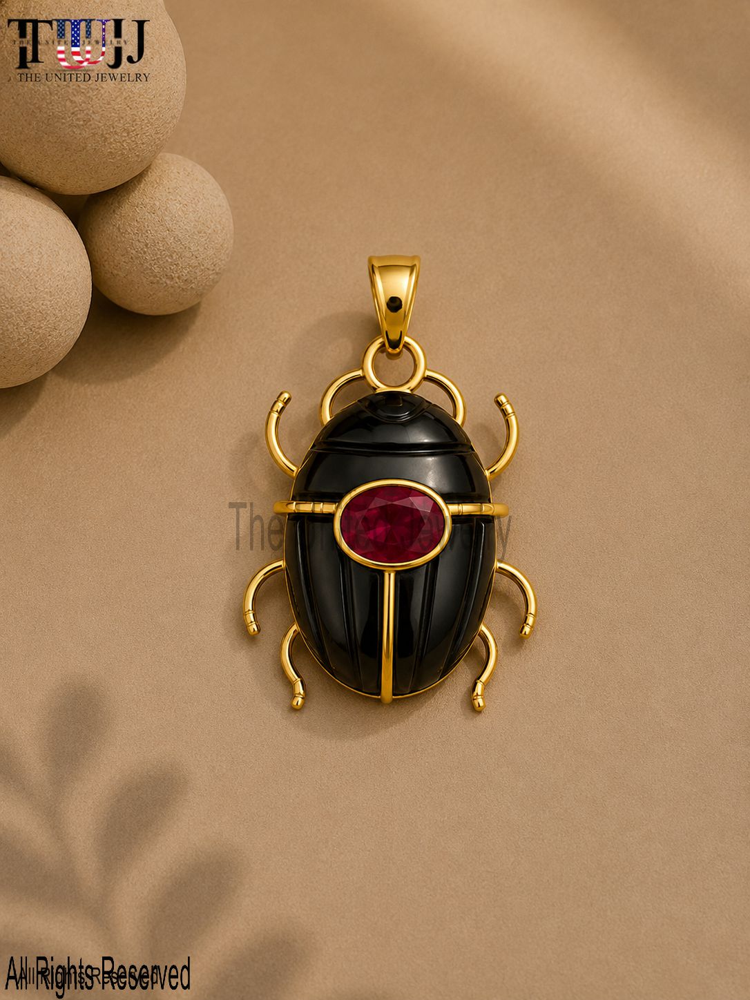 Sterling Silver Black Onyx Scarab Pendant with Ruby, Egyptian Inspired Charm