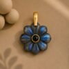 Sterling Silver Labradorite Flower Pendant, Hand-Carved Black Onyx Charm