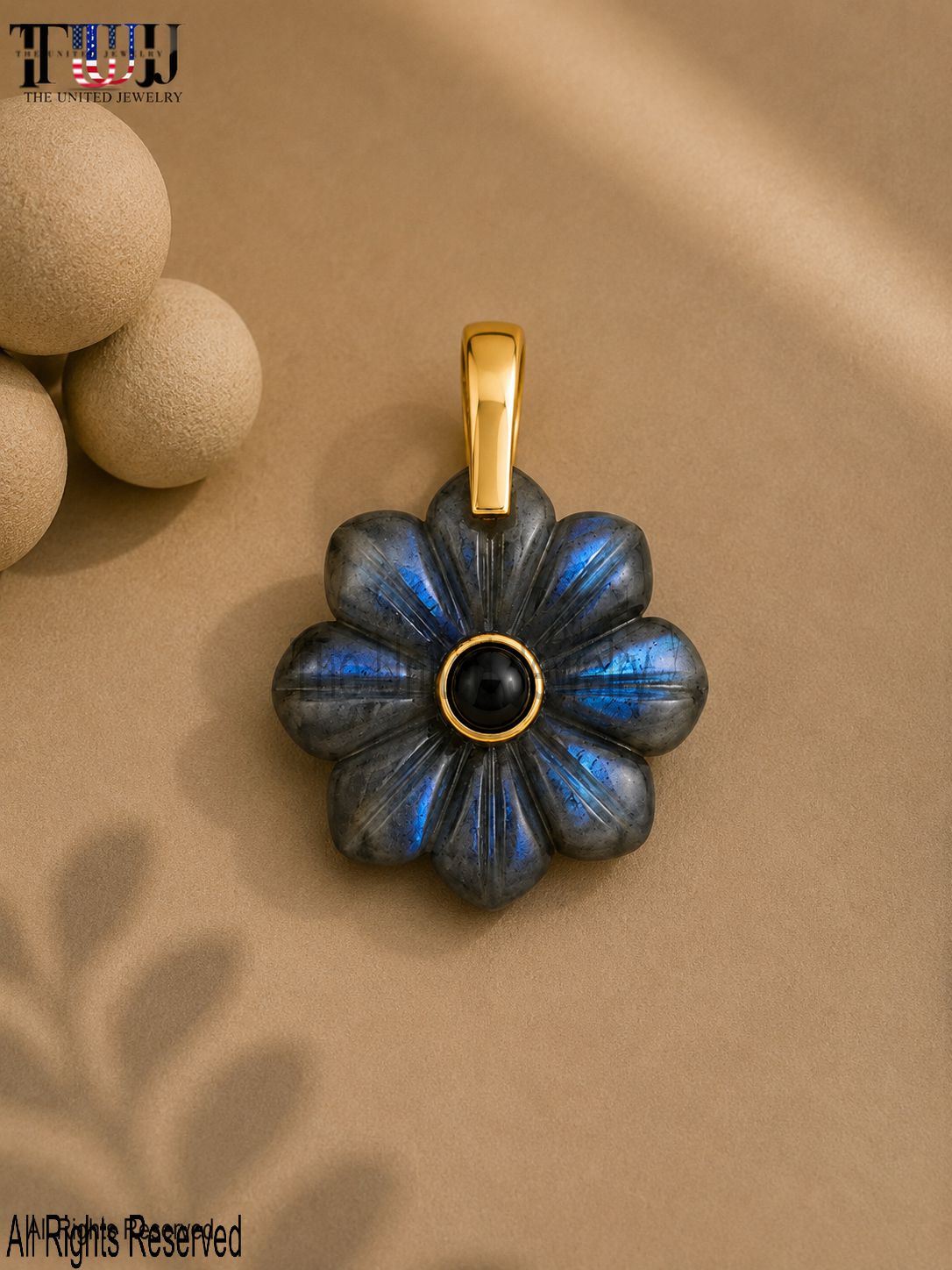 Sterling Silver Labradorite Flower Pendant, Hand-Carved Black Onyx Charm