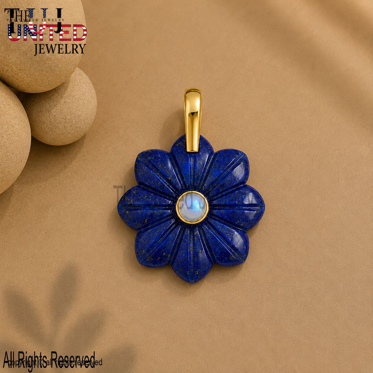Sterling Silver Lapis Lazuli Flower Pendant, Moonstone Charm, Hand Carved Floral Jewelry