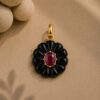 Sterling Silver Black Onyx Flower Pendant with Ruby, Hand-Carved Floral Charm