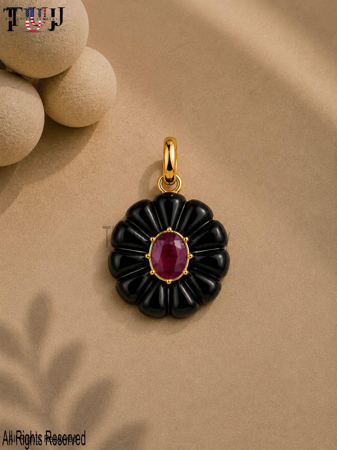 Sterling Silver Black Onyx Flower Pendant with Ruby, Hand-Carved Floral Charm