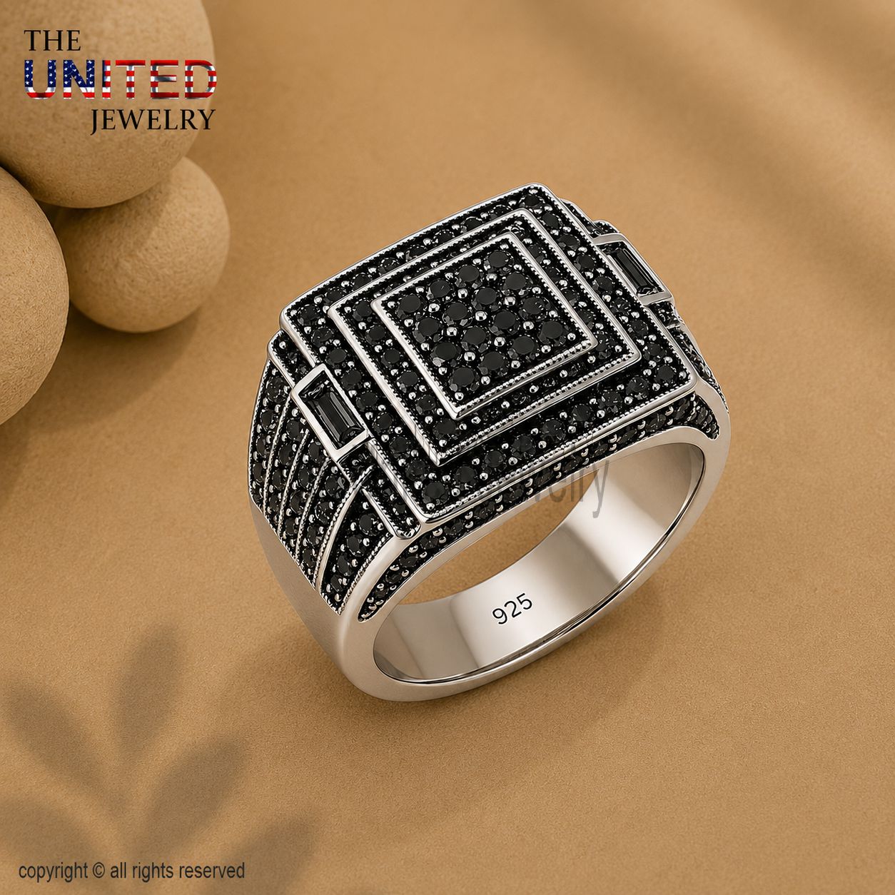 Sterling Silver Black Spinel Geometric Signet Ring – Gothic Statement Men's Jewelry