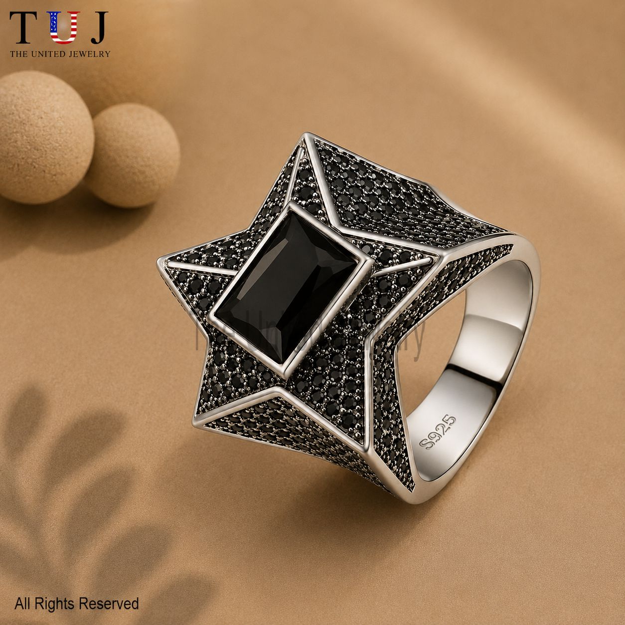 Black Spinel Star Signet Ring – 925 Sterling Silver Gothic Statement Ring for Men
