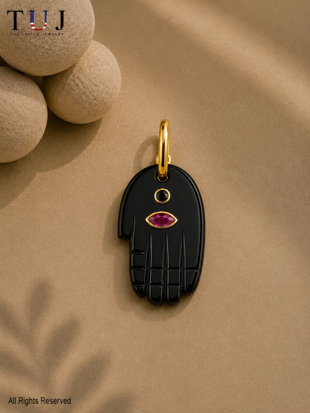 Sterling Silver Black Onyx Hamsa Hand Pendant, Gold Vermeil Evil Eye Charm