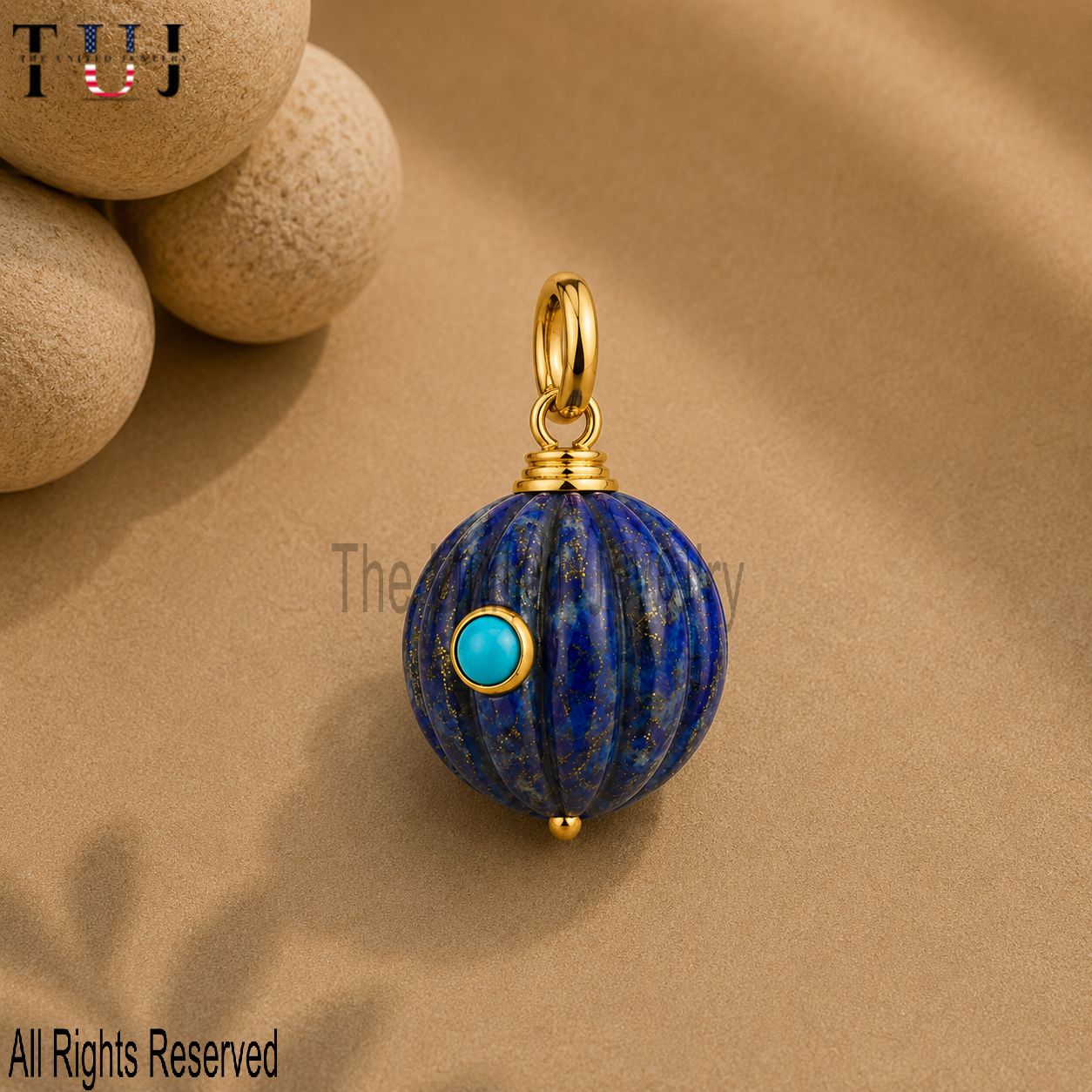 925 Sterling Silver Lapis Lazuli Pumpkin Charm Pendant, Gold Vermeil Blue Gemstone Pendant