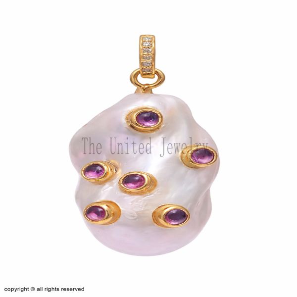 Baroque Pearl Pendant Gold, Pink Stone Pearl Charm, Unique Statement Necklace, Gift for Her