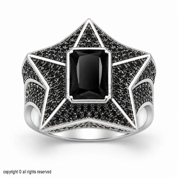 Black Spinel Star Signet Ring – 925 Sterling Silver Gothic Statement Ring for Men
