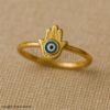 Gold Plated Sterling Silver Hamsa Evil Eye Ring, Dainty Protection Jewelry