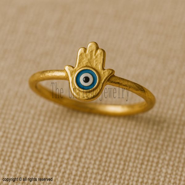 Gold Plated Sterling Silver Hamsa Evil Eye Ring, Dainty Protection Jewelry