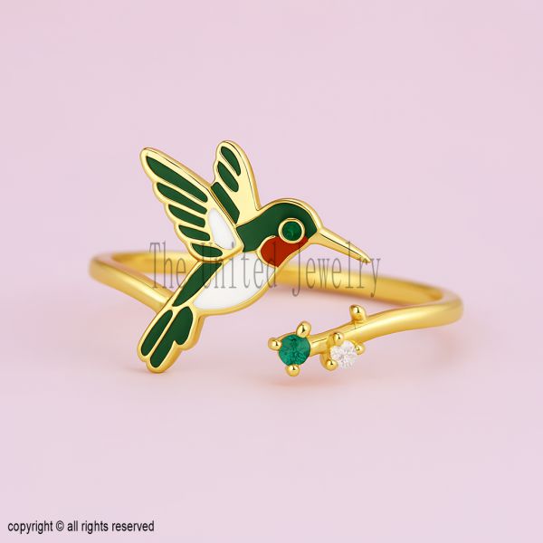 Gold Plated Sterling Silver Hummingbird Ring, Enamel CZ, Adjustable
