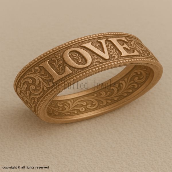 Gold Plated Sterling Silver LOVE Ring, Vintage Style Wide Band