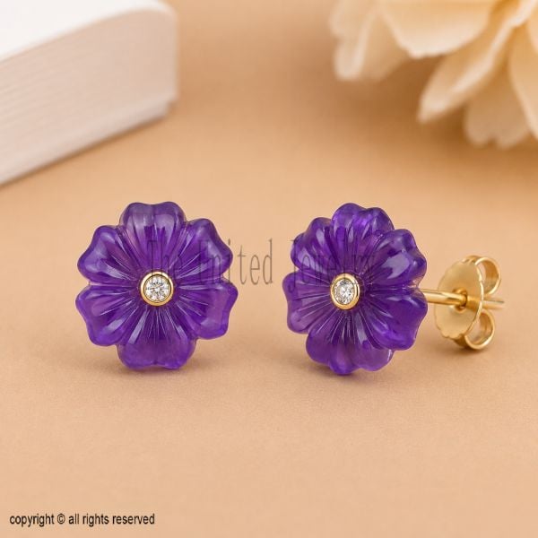 Hand Carved Amethyst Flower Stud Earrings, Solid 925 Sterling Silver Floral Gemstone