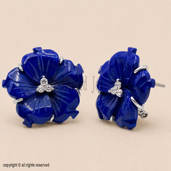 Hand Carved Lapis Lazuli Flower Stud Earrings, Solid 925 Sterling Silver Floral Gemstone