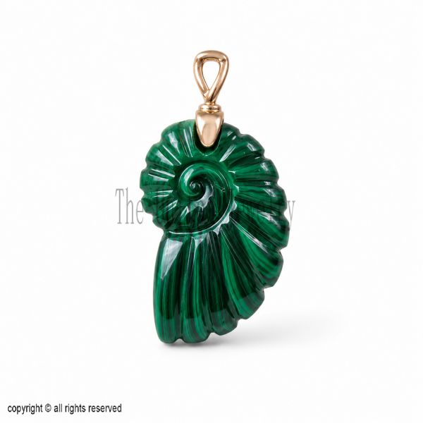 Hand Carved Malachite Nautilus Shell Pendant, 925 Sterling Silver Pendant, Natural Green Gemstone Charm