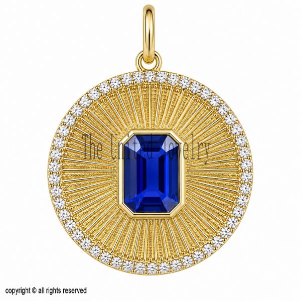 Handmade 925 Sterling Silver Blue Sapphire Medallion Pendant, Diamond Halo Round Charm Necklace