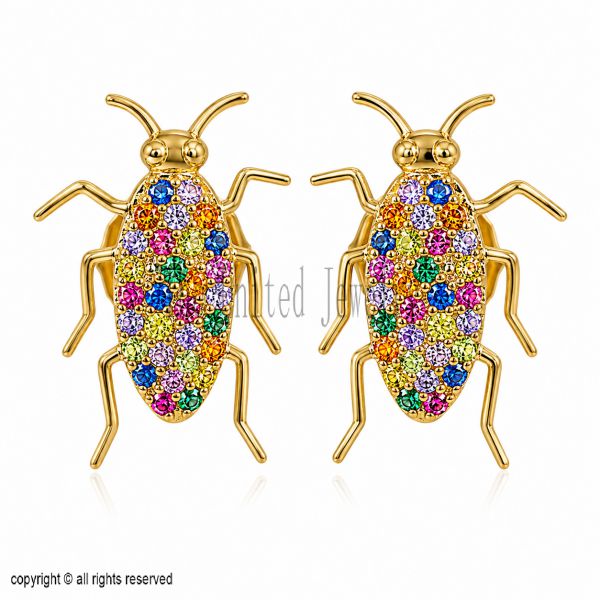 Handmade 925 Sterling Silver Bug Stud Earrings, Rainbow Sapphire Insect Earrings