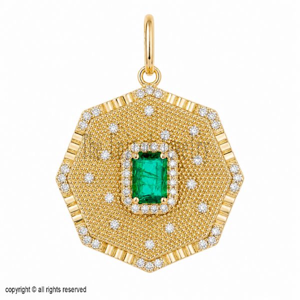 Handmade 925 Sterling Silver Emerald Hexagon Pendant, Diamond Halo Green Gemstone Charm
