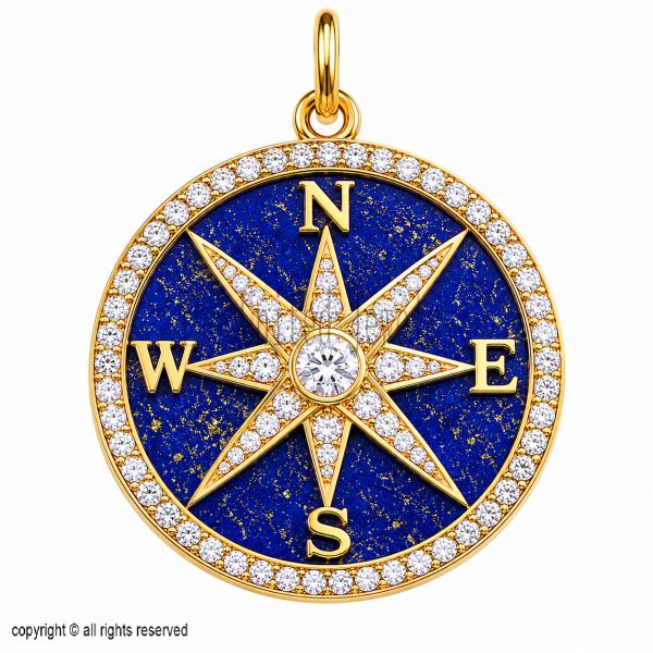 Handmade 925 Sterling Silver Lapis Compass Pendant, Diamond North Star Medallion Charm