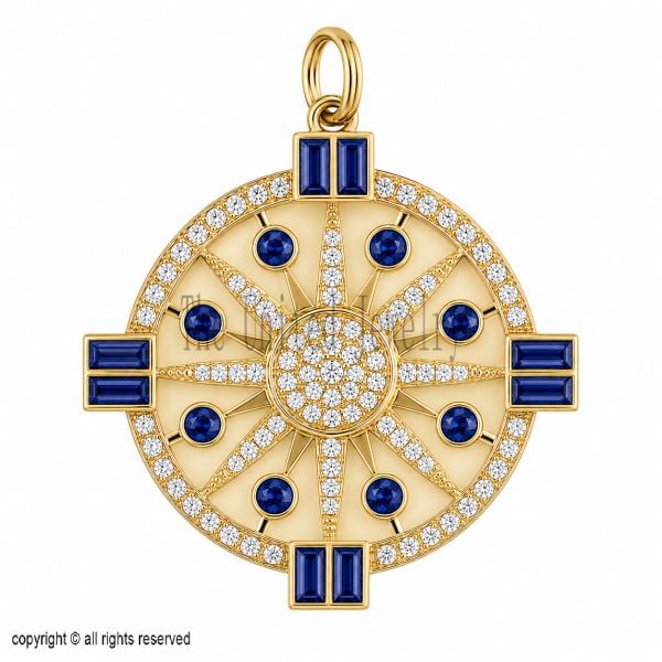 Handmade 925 Sterling Silver Sapphire Compass Pendant, Diamond Halo Blue Gemstone Medallion