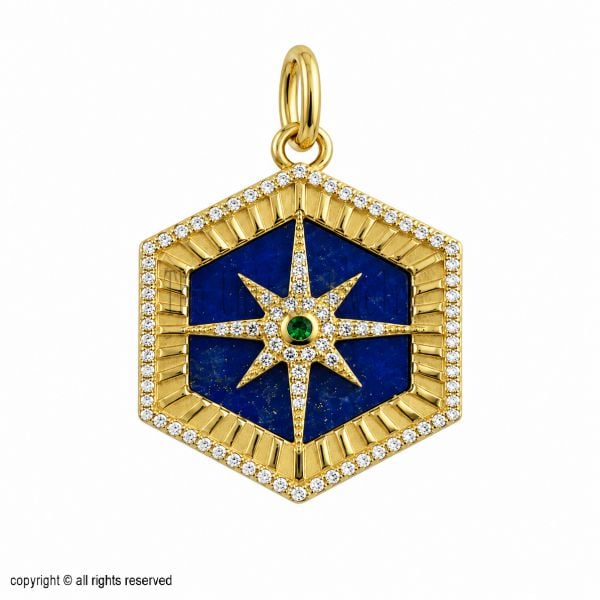 Handmade 925 Sterling Silver Lapis Lazuli Compass Pendant, Diamond Star Medallion Charm