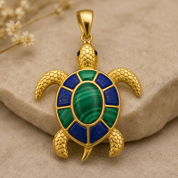 Handmade Gold Plated Sterling Silver Malachite Lapis Lazuli Turtle Pendant