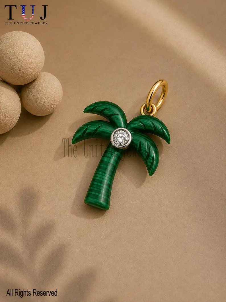 Green Malachite Palm Tree Pendant with Gold Bail – 925 Sterling Silver Tropical Jewelry