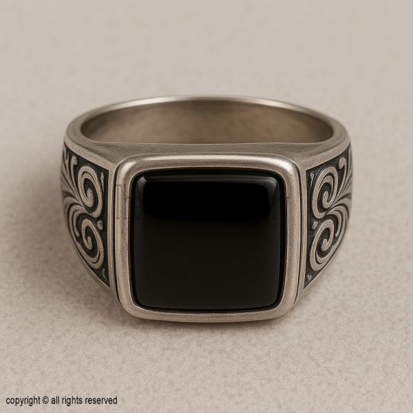 Oxidized Sterling Silver Black Onyx Signet Ring, Vintage Engraved Mens Ring
