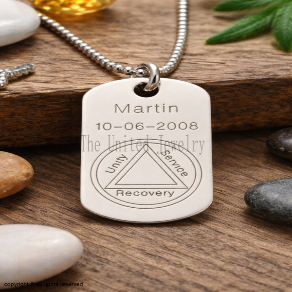 Personalized AA Recovery Necklace, Engraved Sobriety Dog Tag, Custom Name Date Pendant Gift