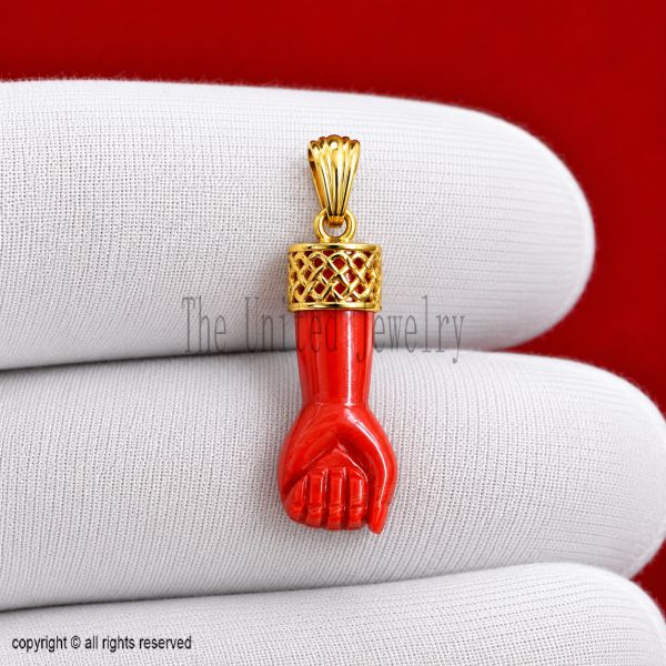 Red Coral Figa Hand Pendant Gold, Italian Mano Fico Charm, Protection Amulet Necklace