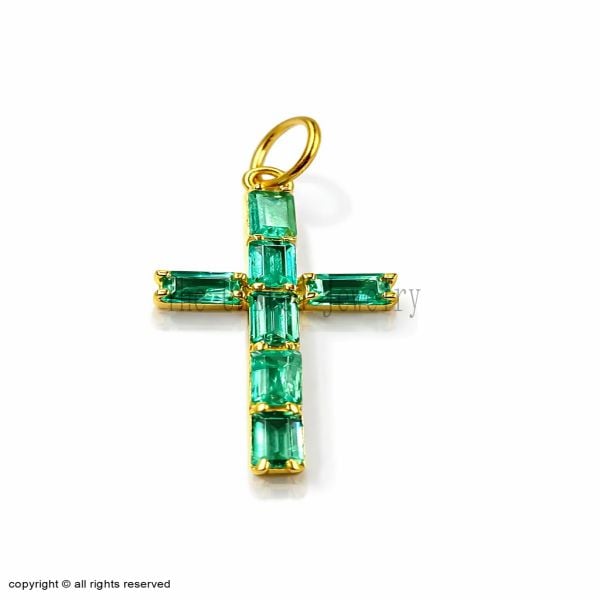 14K Gold Emerald Baguette Cross Pendant, Minimalist Religious Charm 14K Gold Emerald Baguette Cross Pendant, Minimalist Religious Charm