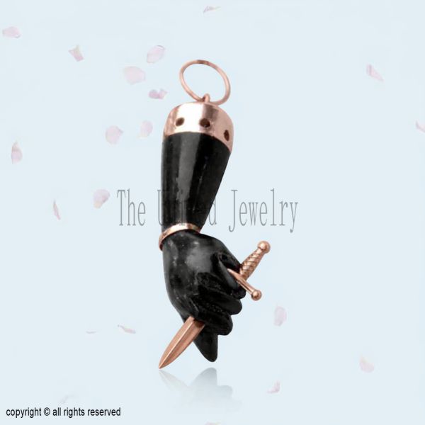 Sterling Silver Black Onyx Figa Hand Pendant: Good Luck Amulet