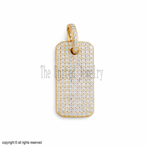 Moissanite Sterling Silver Dog Tag Charm Pendant, 925 Pave Jewelry