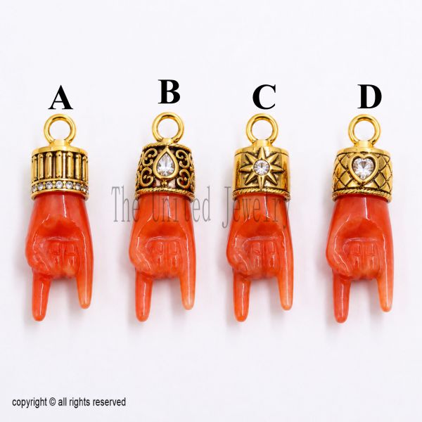 925 Sterling Silver Carnelian Mano Cornuto Pendant, Italian Horn Hand Charm, Red Protection Hand
