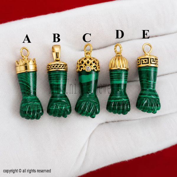 Sterling Silver Malachite Figa Hand Pendant, Italian Lucky Charm, Gold Protection Jewelry