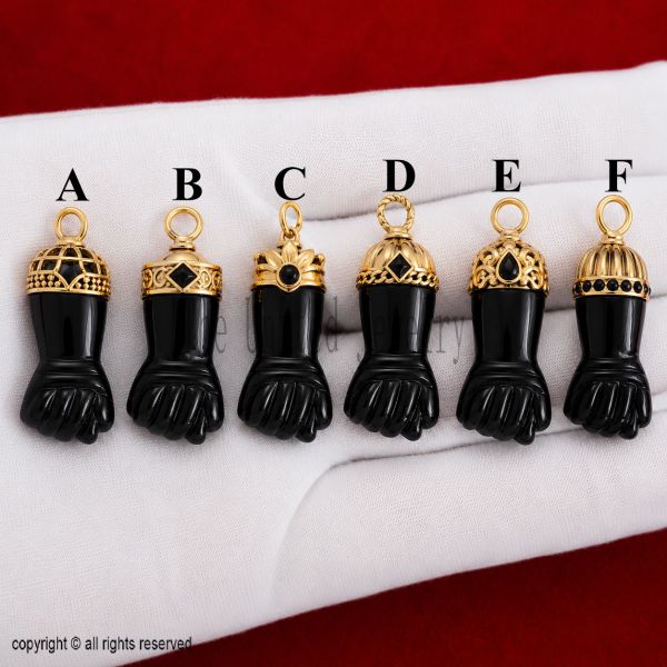 Sterling Silver Black Onyx Figa Hand Pendant, Italian Lucky Charm, Gold Protection Talisman