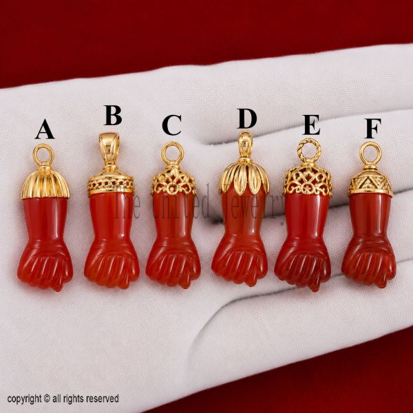 Sterling Silver Carnelian Figa Hand Pendant, Gold Plated Lucky Protection Charm