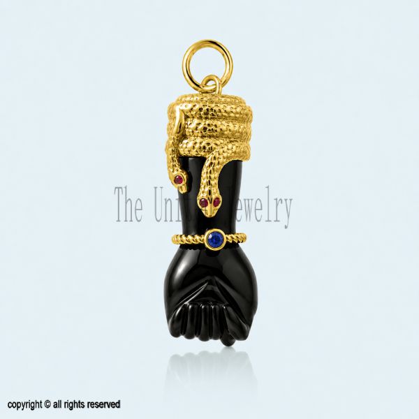 925 Sterling Silver Black Onyx Figa Hand Snake Pendant