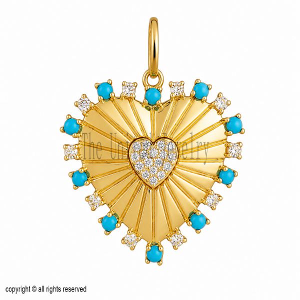 Handmade 925 Sterling Silver Heart Pendant, Turquoise Diamond Charm Necklace