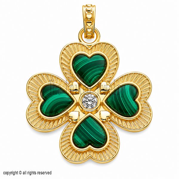Handmade 925 Sterling Silver Malachite Four Leaf Clover Pendant, Gold Plated Lucky Charm Necklace