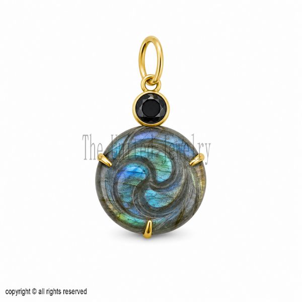 Sterling Silver Labradorite Spiral Pendant with Black Onyx, Handmade Statement Jewelry
