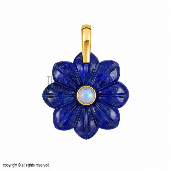 Sterling Silver Lapis Lazuli Flower Pendant, Moonstone Charm, Hand Carved Floral Jewelry