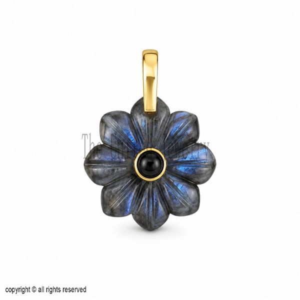 Sterling Silver Labradorite Flower Pendant, Hand-Carved Black Onyx Charm
