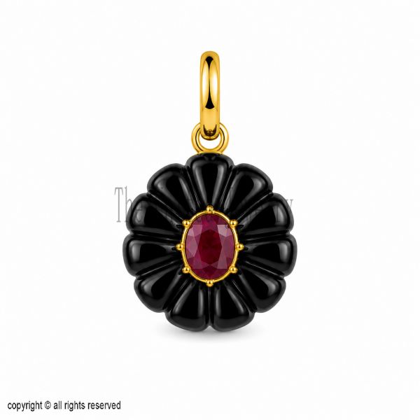 Sterling Silver Black Onyx Flower Pendant with Ruby, Hand-Carved Floral Charm