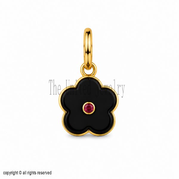 Black Onyx Flower Pendant, Ruby Center, Sterling Silver Charm, Handmade Floral Jewelry