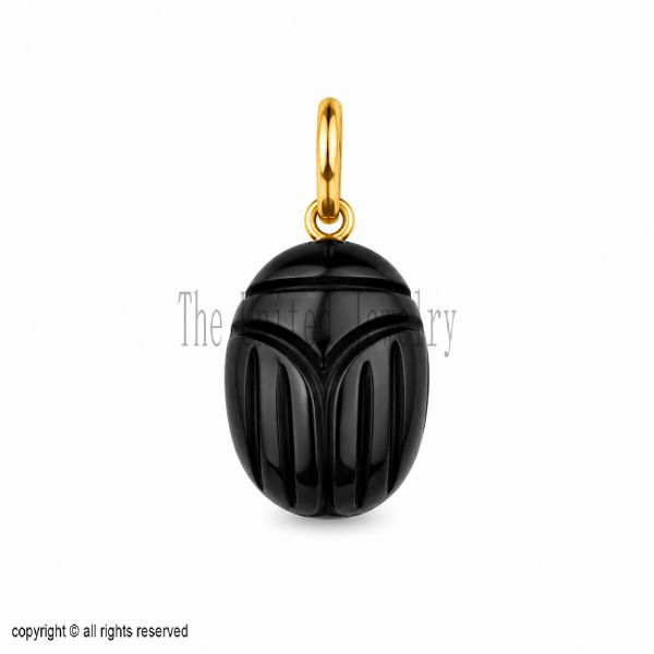 925 Sterling Silver Hand-Carved Black Onyx Scarab Pendant, Egyptian Beetle Charm